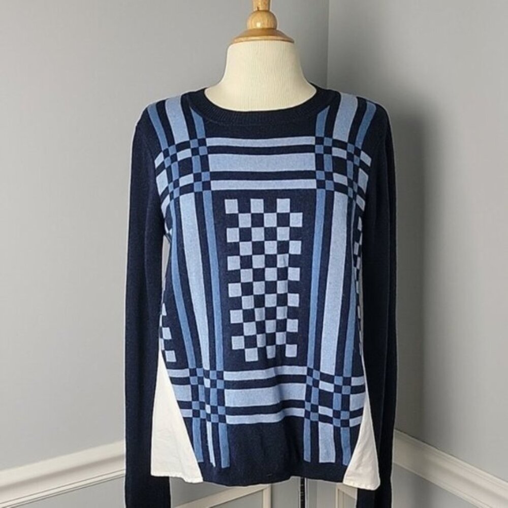 SEA NEW YORK Navy Blue Cashmere Blend Checkered White‎ Button Back Shirt Sweater